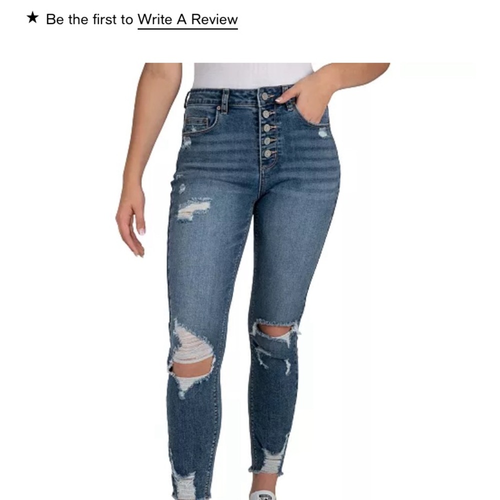 ÍNDIGO RAIN Juniors' Curvy High-Rise Button-Front Distress Ankle Jeans